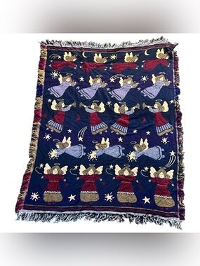 Vtg Crown Crafts Guardian Angel Woven Tapestry Throw blanket 48"x 58”